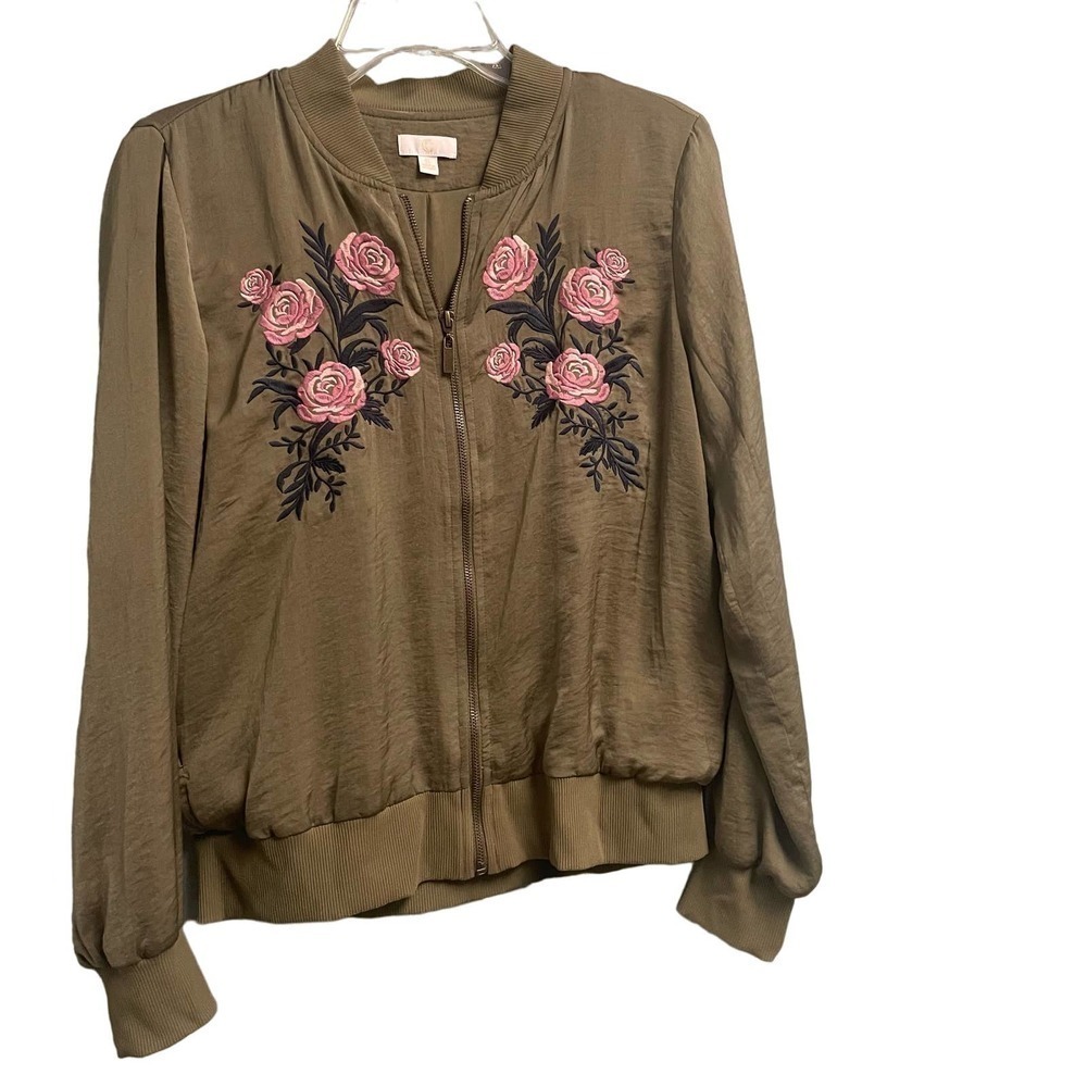 Charming Charlie Green Full Zip Fashion Jacket with Pink Rose Embroidery Small